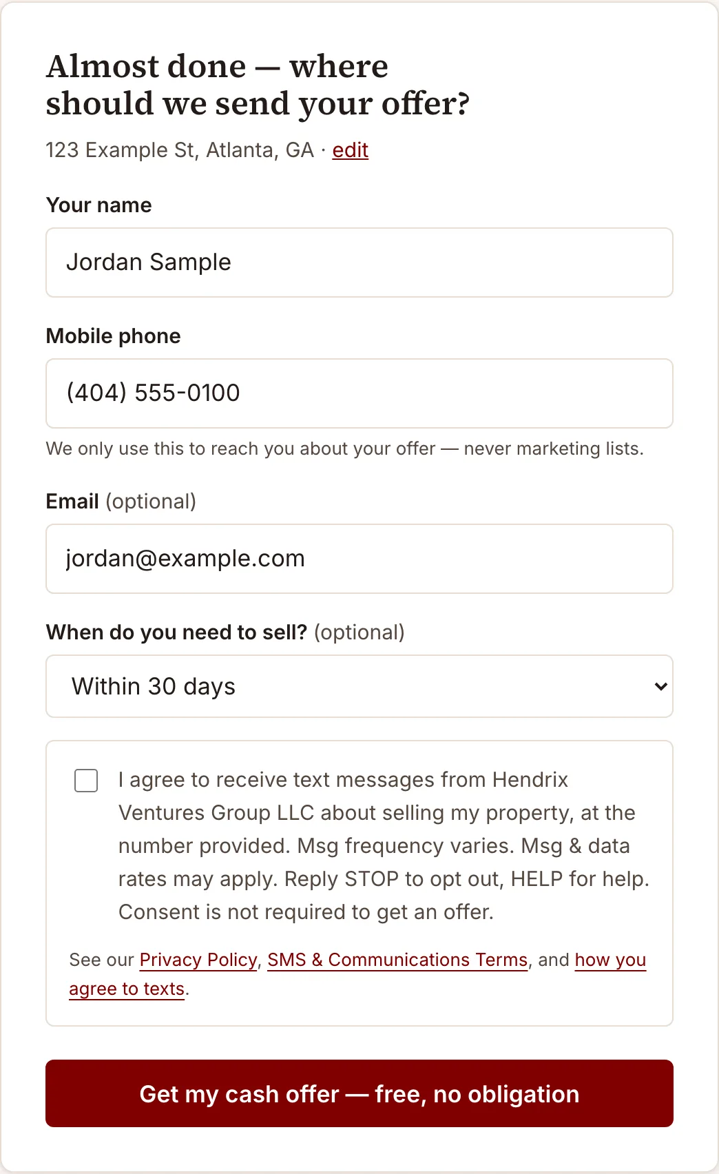 Step 2 of the Hendrix Ventures Group offer form, filled in with sample details: name, mobile phone, optional email and timeline, then an unchecked checkbox reading “I agree to receive text messages from Hendrix Ventures Group LLC about selling my property…”, above the submit button.